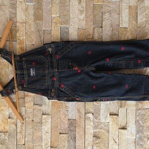 OshKosh B'gosh Kids Black Denim Overalls with Red Embroidered Trains
